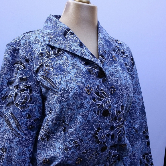 Coldwater Creek Twill Beaded Tops Button Down Long Sleeves, Size Petite Large - Picture 3 of 10